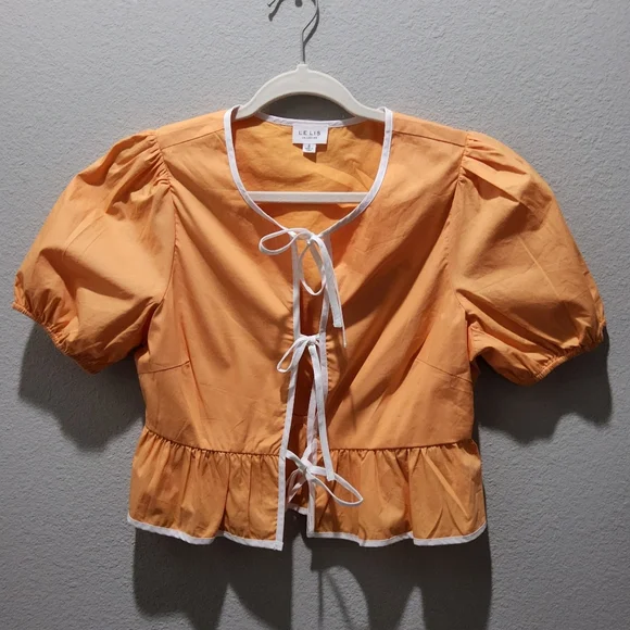 Le Lis Orange Puff Sleeve Bow Blouse - Picture 3 of 4